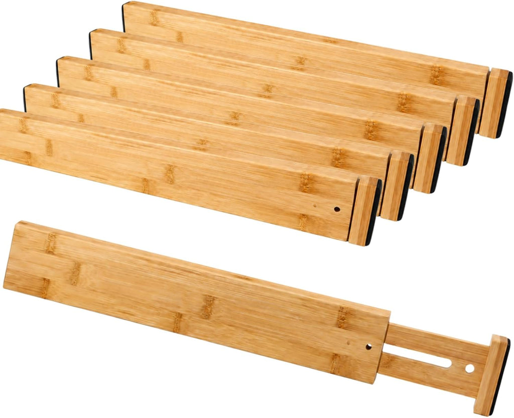 6 Pack Bamboo Drawer Dividers, Dresser Separators 16.6" to 21.8"