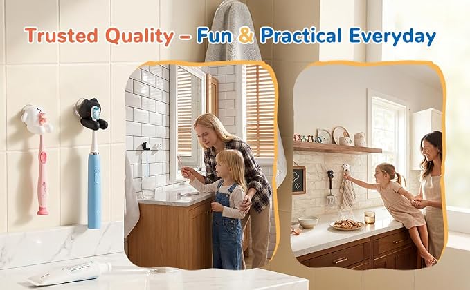 2 PCS Kids' Bathroom Toothbrush Holder,Suction Mount Silicone Toothbrush Holder,Cute Cartoon Cat and Dog Design, Perfect for Kids and Families