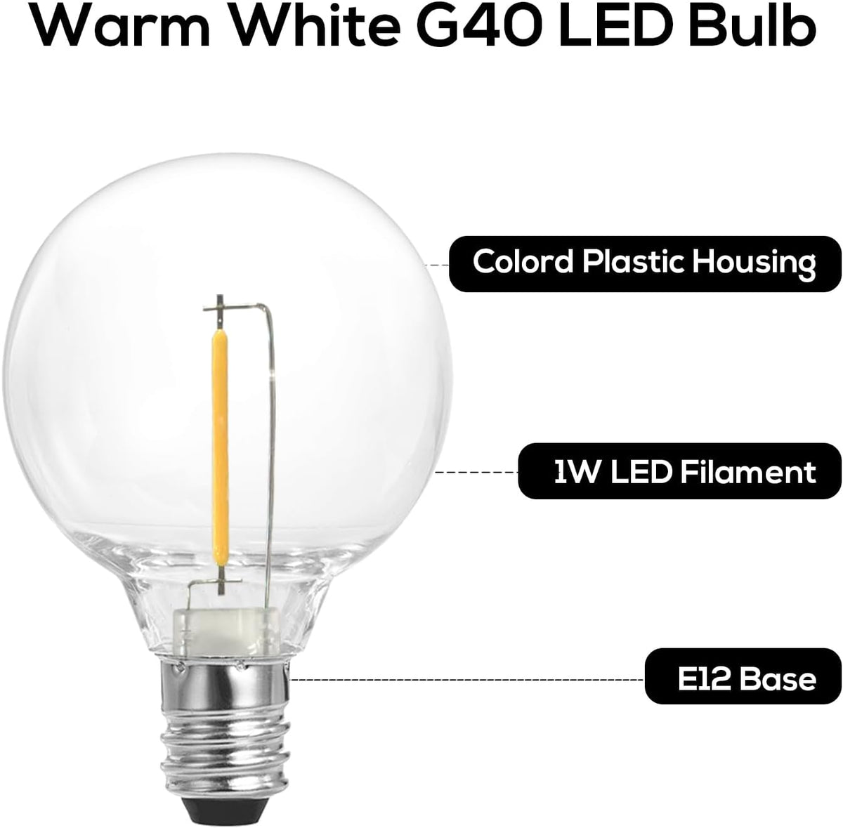 SUNTHIN 100 Pack G40 LED Bulbs, 1W LED Bulbs with E12 Base, 5 Watt Incandescent Bulbs Equivalent, Warm White 2700K, Replacement Bulbs for Globe String Lights, Indoor & Outdoor Use