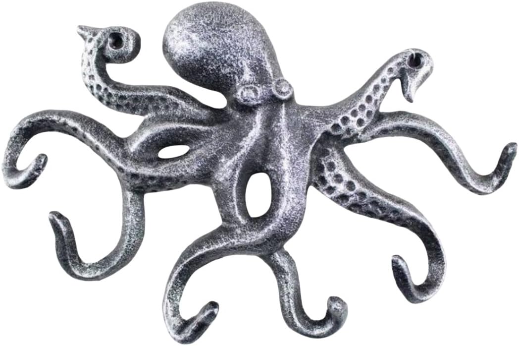 Antique Silver Cast Iron Octopus Hook 11 Inch - Decorative Hook - Sealife Metal Wall Hook