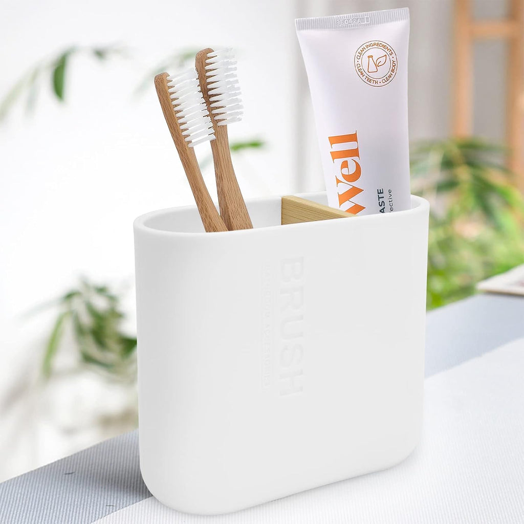Toothbrush Holder with Bamboo Divider,Detachable for Easy Cleaning Multi-Functional Storage,2 Slots Electric Toothbrush and Toothpaste Organizer Caddy for Bathroom Vanity,Sink,Countertop (White)