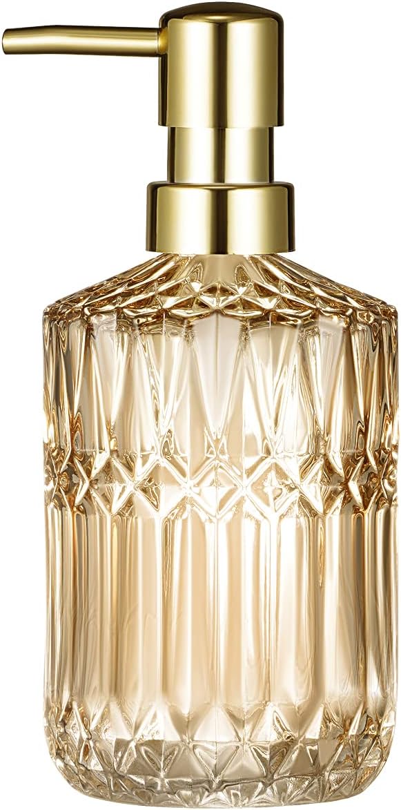 Diamond Design 12 Oz Green Glass Soap Dispenser,Refillable Lotion Soap Dispenser for Bathroom, Kitchen, Hand Soap, Dish Soap,Shampoo, Ideal for Bathroom Countertop. (Clear Gold)