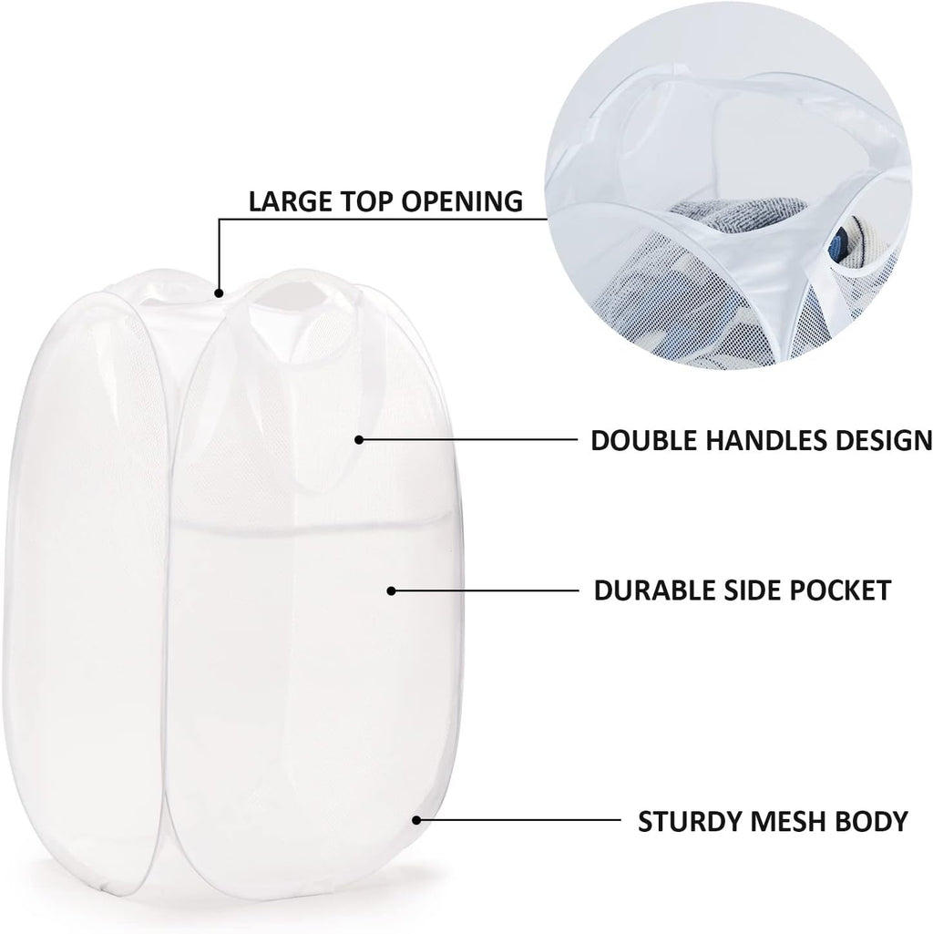 TECHMILLY Collapsible Mesh Pop Up Laundry Hamper with Sturdy Handles and Side Pocket - Portable Foldable Clothes Baskets for Dorm, Bathroom & Travel Storage (White, 3 Packs)