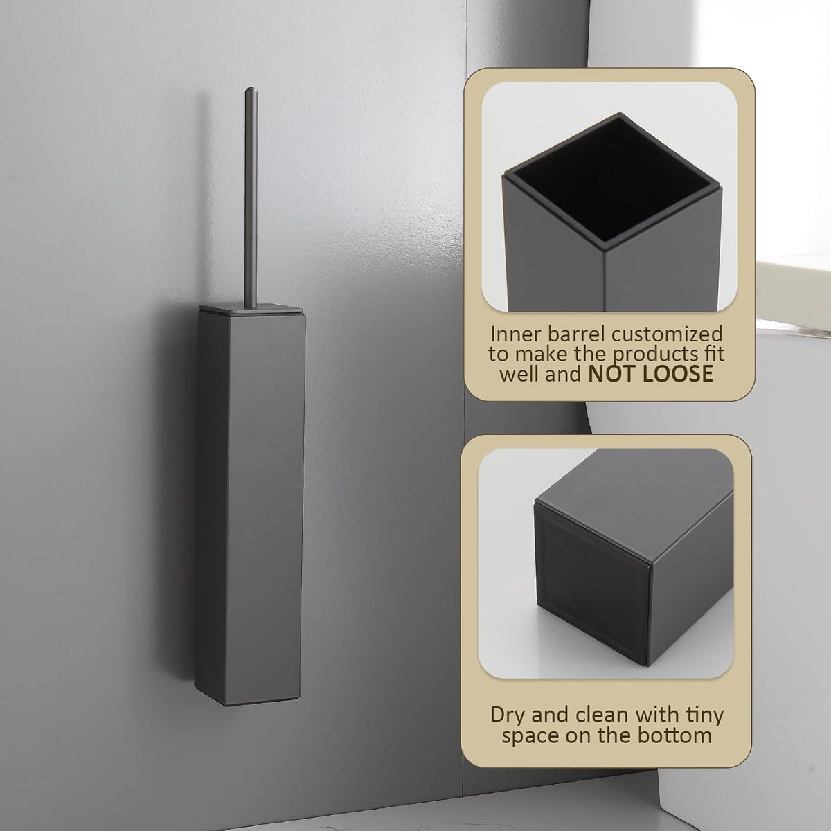 Toilet Brush and Holder Wall Mounted, Gun Gray Aluminum with 2 Replaceable Heads, Bathroom Toilet Brush, Drill or 3M Adhesive Mount, Removable Liner and Splash Guard, Modern Square Design
