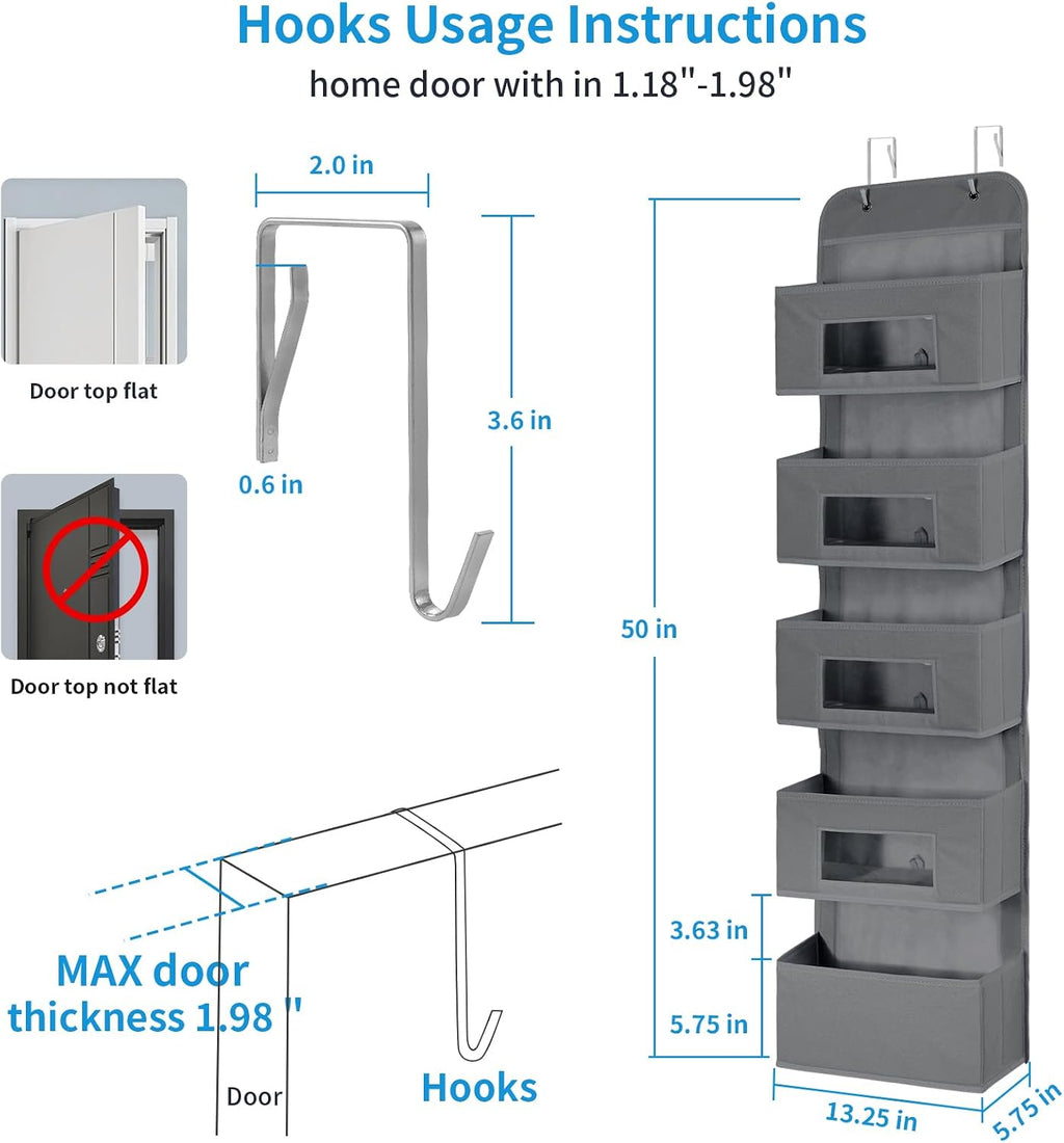 5-Shelf Over The Door Hanging Organizer with 2 Hooks for Room, Gray