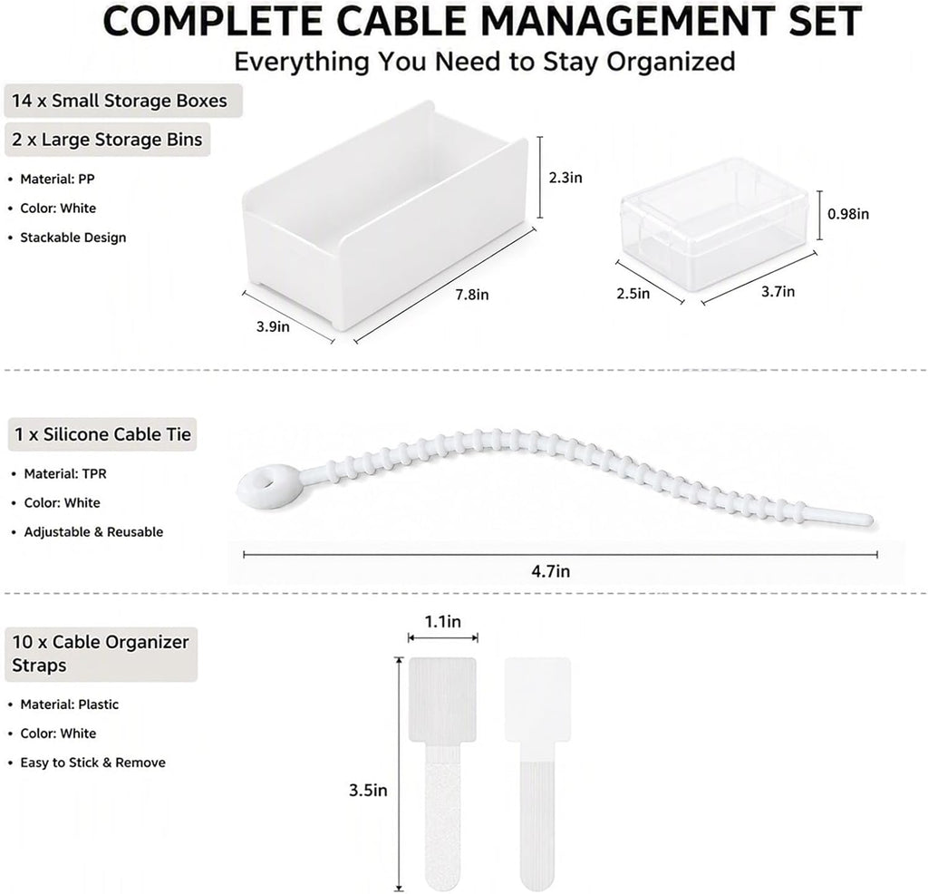 Cable Management Kit - Cable Storage Box - Cable Clips - Cable Ties