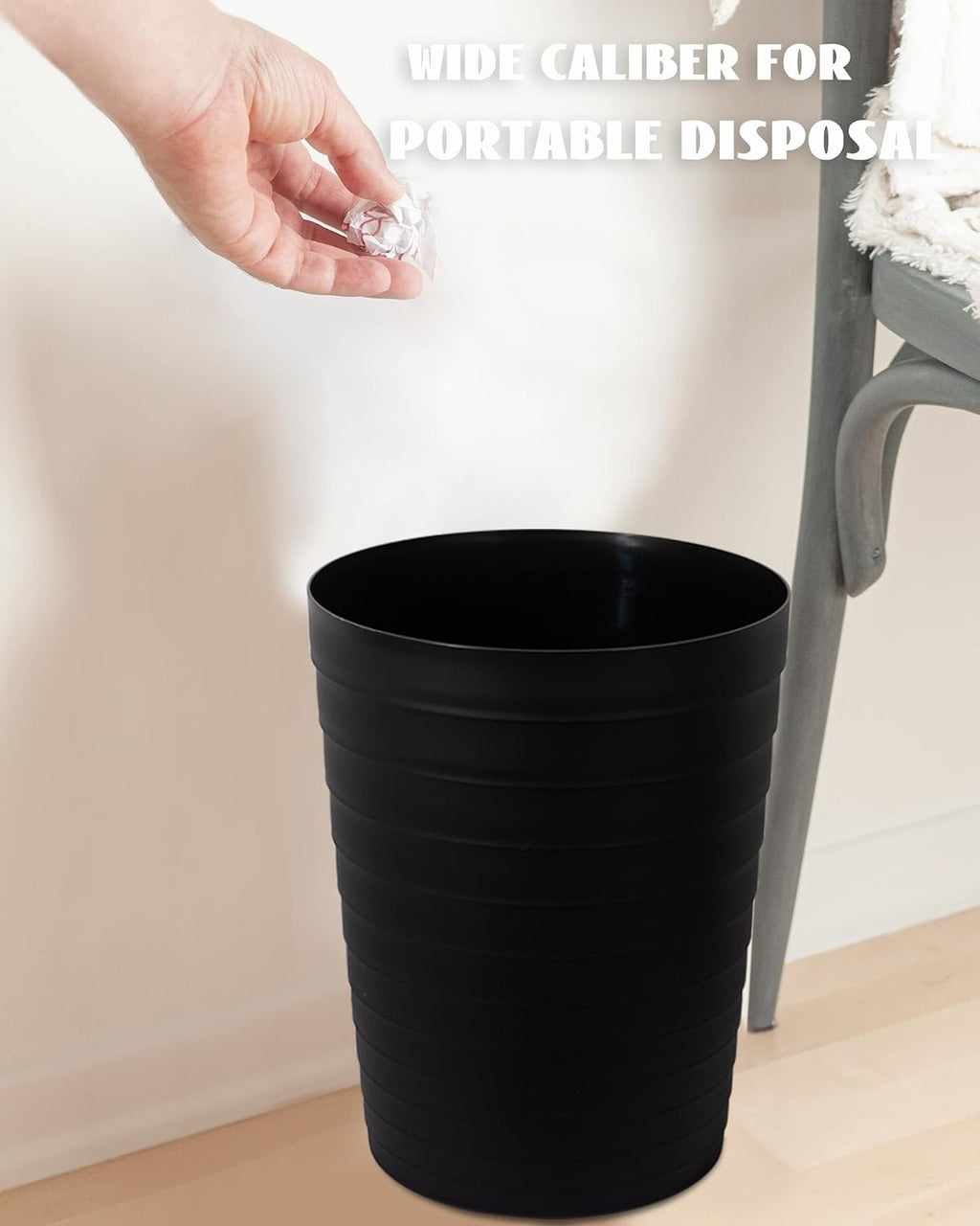 UUJOLY Small Bathroom Trash Can Wastebasket, Plastic Garbage Bin Container Basket for Bathrooms, Laundry Room, Kitchens, Offices, Kids Rooms, Dorms, Black, 1.8 Gallon