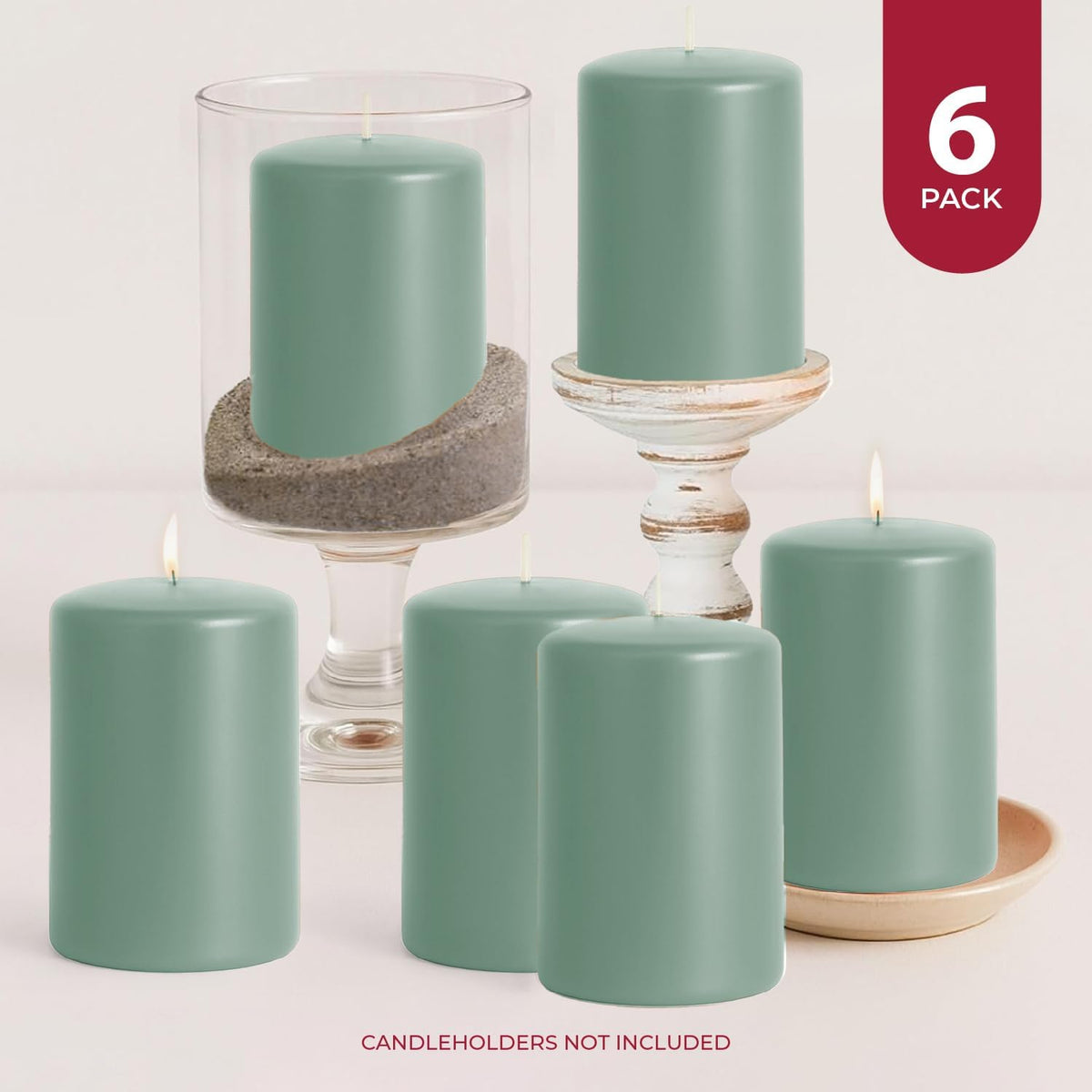 Biedermann & Sons Seafoam Green Pillar Candles (6 Pack), 4 Inch Tall 3 Inch Wide Round, Unscented Paraffin Wax, Approx 40 to 45 Hour Burn, Dripless Candles for Centerpieces