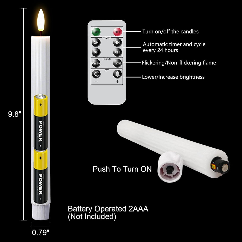 White Flameless Taper Candles Battery Operated with Remote Timer