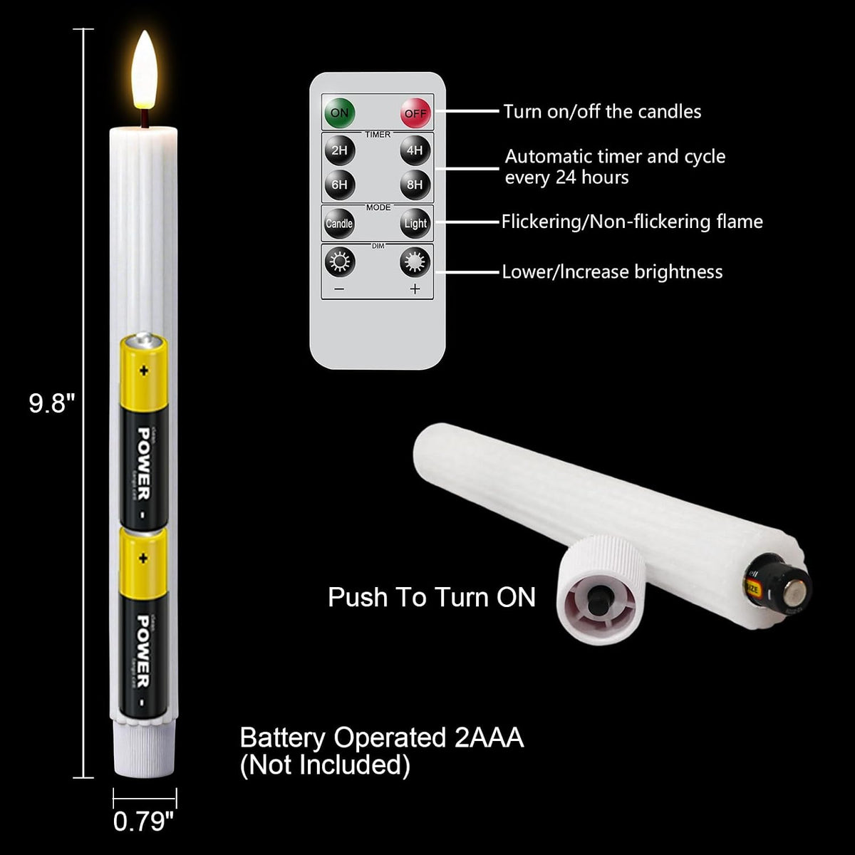 White Flameless Taper Candles Battery Operated with Remote Timer
