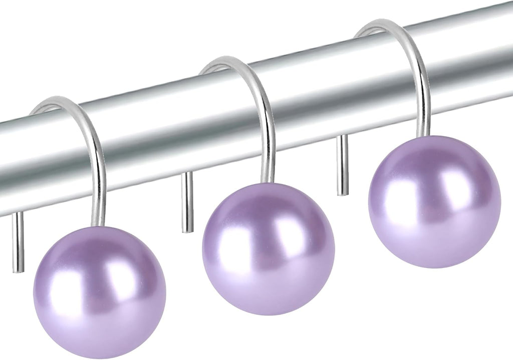 Pearl Shower Curtain Hooks, 12PCS Stainless Steel Anti Rust Artifical Pearl Decorative Shower Curtain Hooks Cute Theme Shower Curtain Hooks for Bathroom Bedroom Room Decor (Purple)