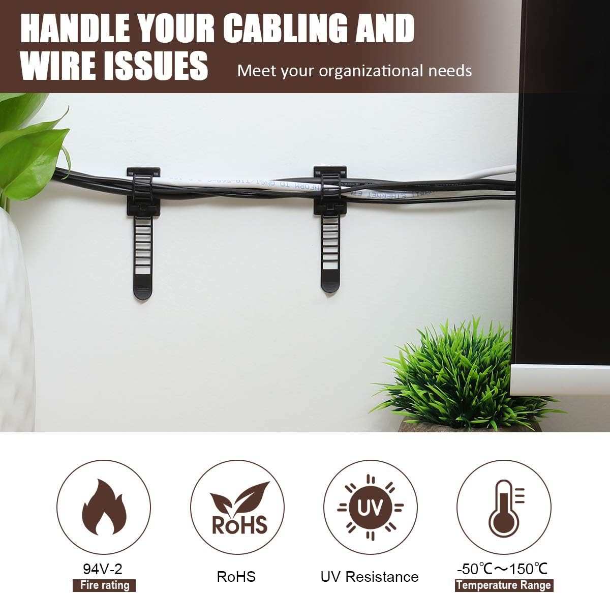 100Pcs Adhesive Cable Management Clips with 50Pcs Zip Ties, Adjustable Nylon Cable Strap Ties Wire Clips Clamps Organizer with Strong Adhesive Tape, Extra Screw & Hole - 3.55 Inch Black (Pack of 4)