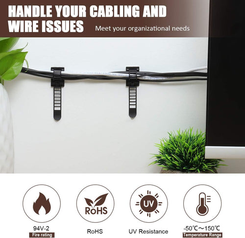 100Pcs Adhesive Cable Management Clips with 50Pcs Zip Ties, Adjustable Nylon Cable Strap Ties Wire Clips Clamps Organizer with Strong Adhesive Tape, Extra Screw & Hole - 3.55 Inch Black (Pack of 4)