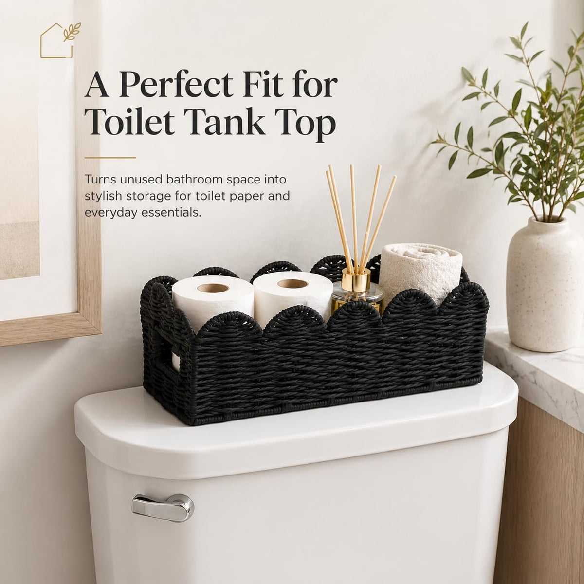 Black Scalloped Basket, Toilet Tank Tray, Back of Toilet
