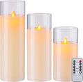 AKU TONPA Pack of 3 Flameless Candles Battery Operated Real Wax Glass Flickering LED Candle Sets with Remote Control Cycling 24 Hours Timer (3" x 8" 10" 12")