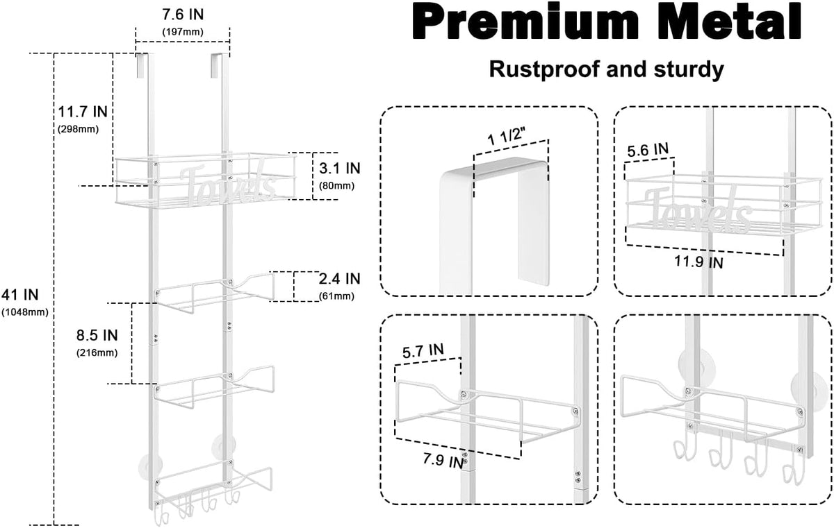 Over The Door Towel Racks, No Drill Towel Storage with Basket & Hooks, Space-Saving Multi-Functional Towel Holder for Bathrooms, bedrooms, Apartments, RVs (White, 5 Tier)