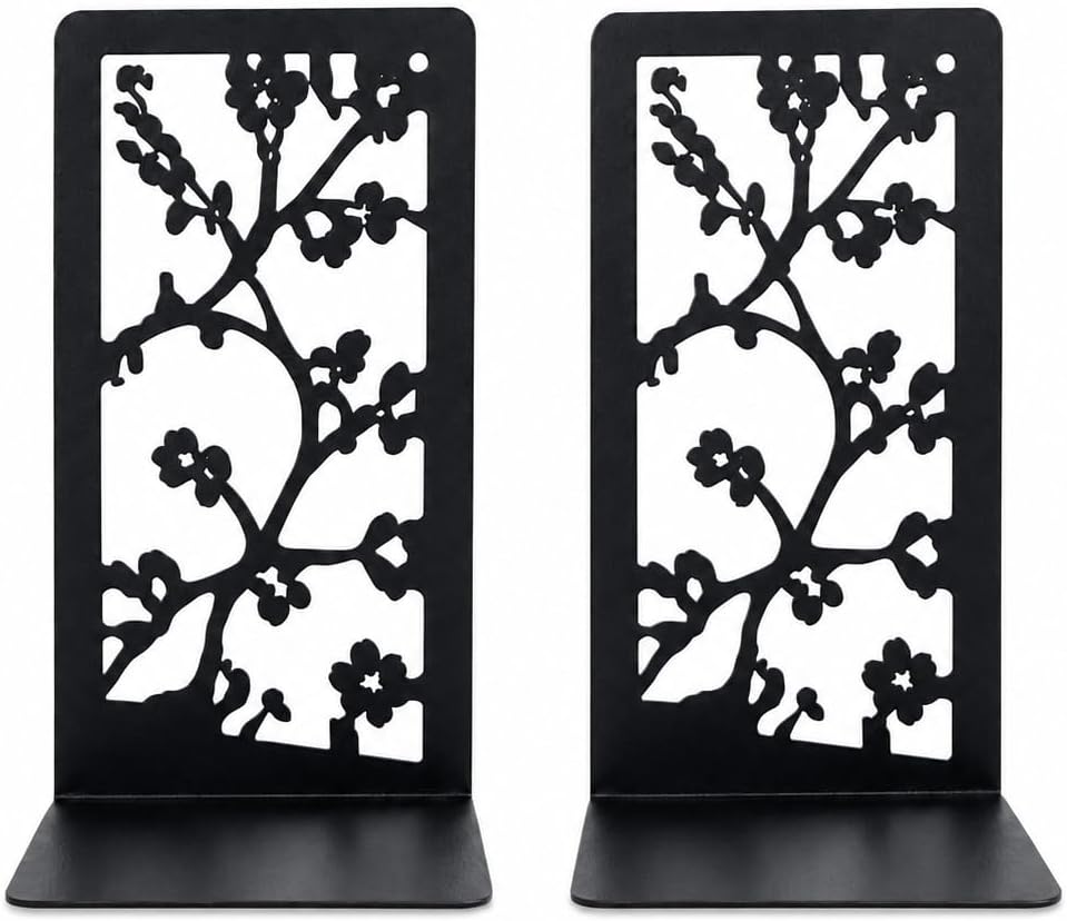 Cherry Blossom Branch Bookends, Set of 2 (1 Pair), Matte Black Metal Book Ends for Shelves, Bookshelf, Desk and Home Library Decor