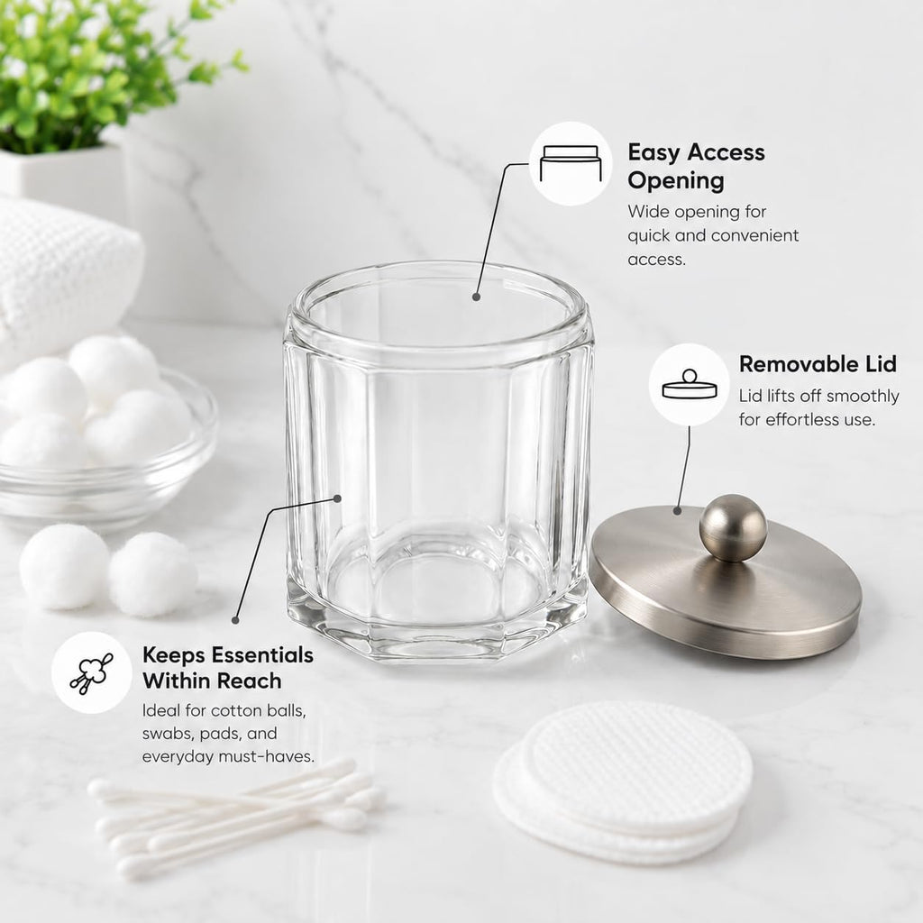 Clear Transparent Apothecary Octagional Shaped Glass Canister Jar With Satin Nickel Metal Lid Cover for Bathroom Organization, Cotton Balls, Q Tips, and Small Accessories, Bath Storage