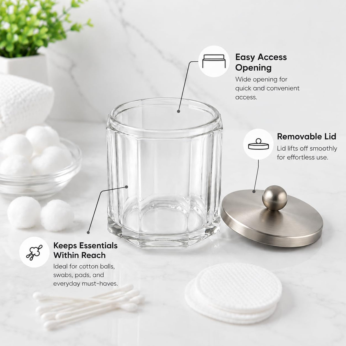 Clear Transparent Apothecary Octagional Shaped Glass Canister Jar With Satin Nickel Metal Lid Cover for Bathroom Organization, Cotton Balls, Q Tips, and Small Accessories, Bath Storage