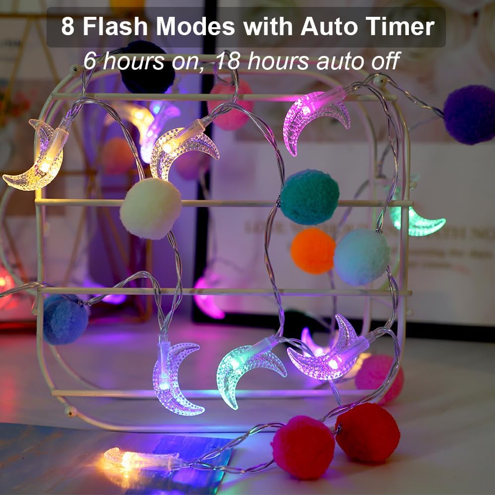 Colroful Moon Lights with Pom Poms Bedroom Decor Twinkle Lights
