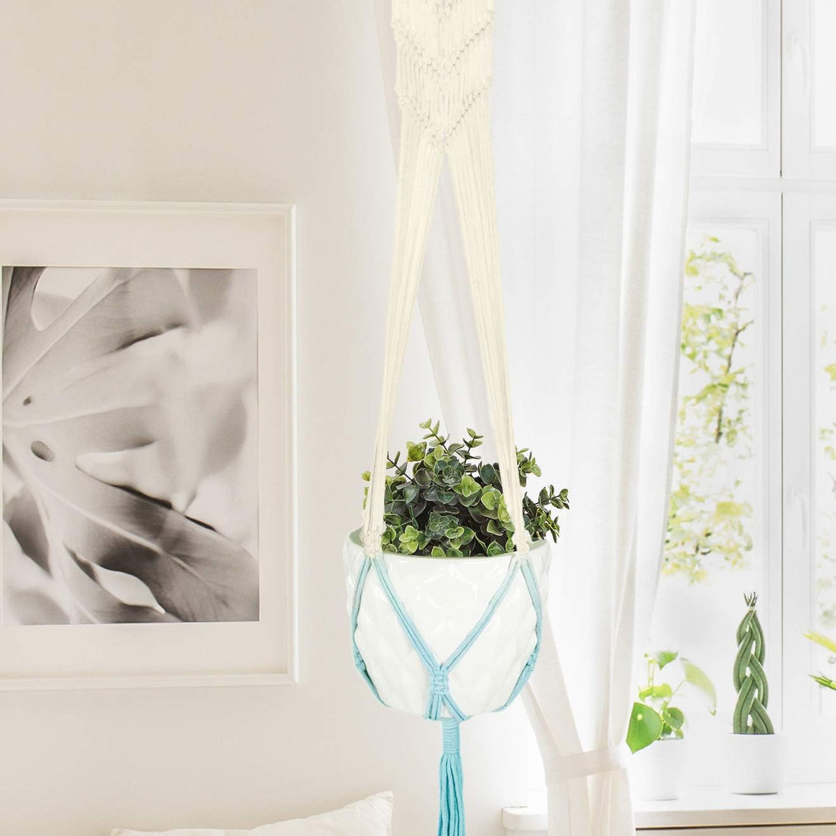 LIVALAYA Macrame Plant Hangers Wall Planter - Blue Ombre 48 Inch, for Indoor or Outdoor, 100% Cotton Rope Hanging Plant Holder with Tassel for Flower Pots and Succulents - Modern Boho Home Décor