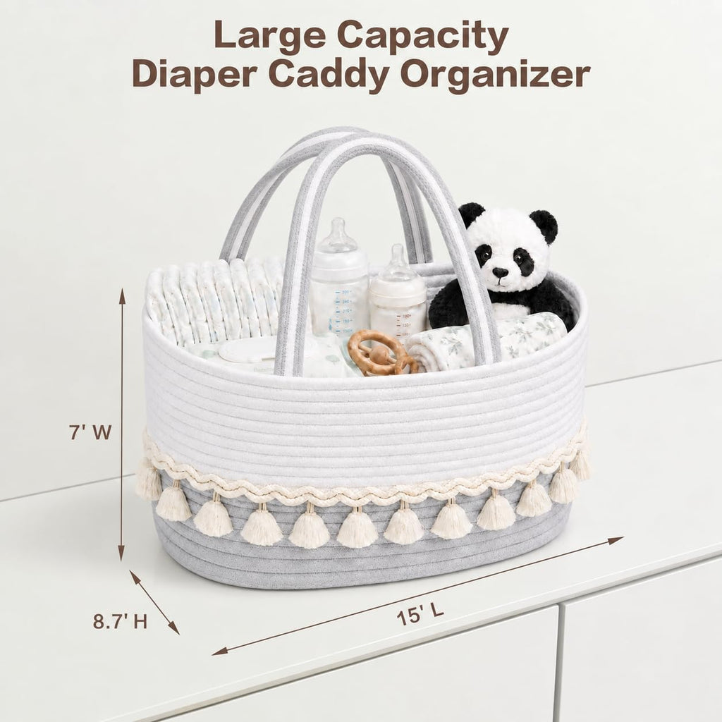 Cotton Rope Baby Diaper Caddy Basket with Handles, Grayish White