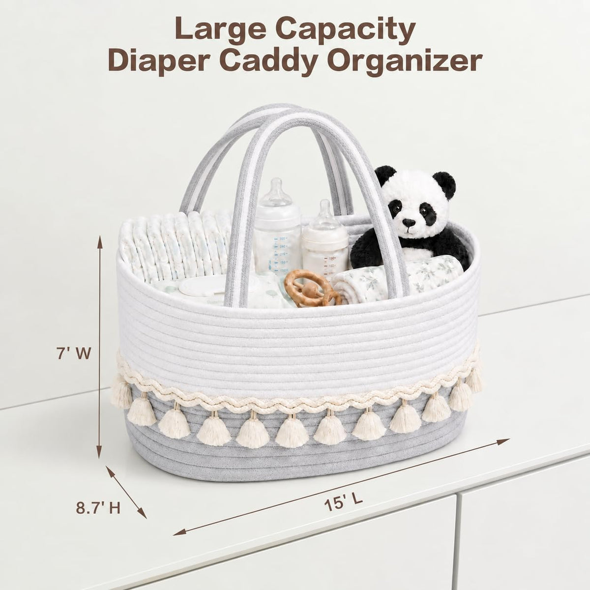 Cotton Rope Baby Diaper Caddy Basket with Handles, Grayish White