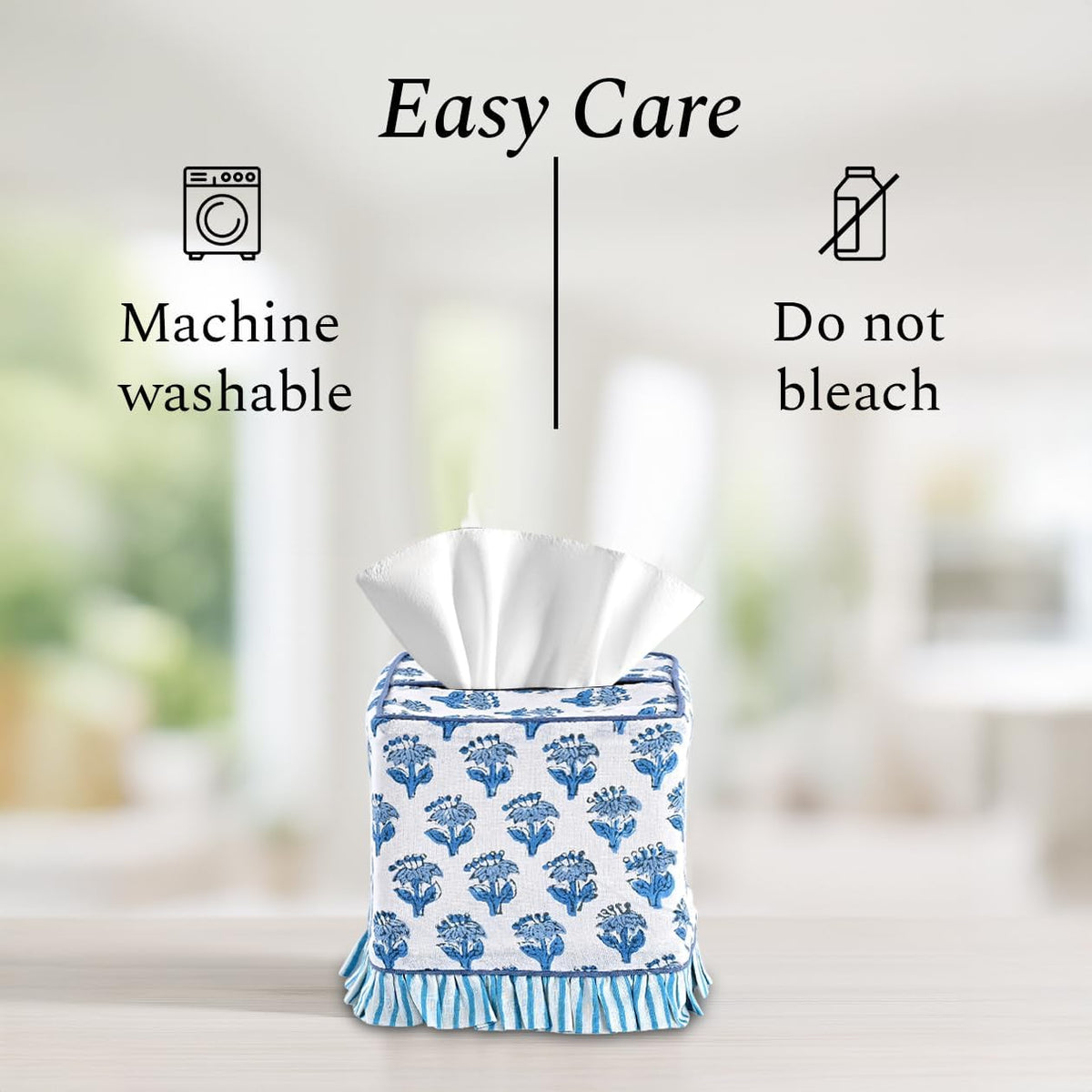 CPC 100% Cotton Ruffle Block Print Tissue Box Cover, Apatite Blue