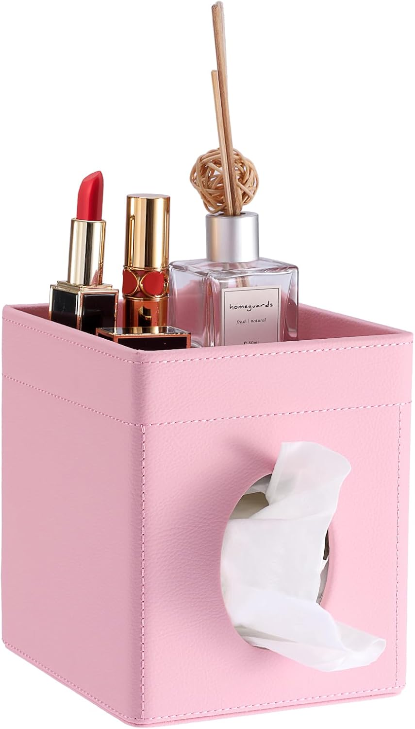 Sumnacon Square Tissue Box Cover with Storage Tray,Tissue Box Holder,Pink