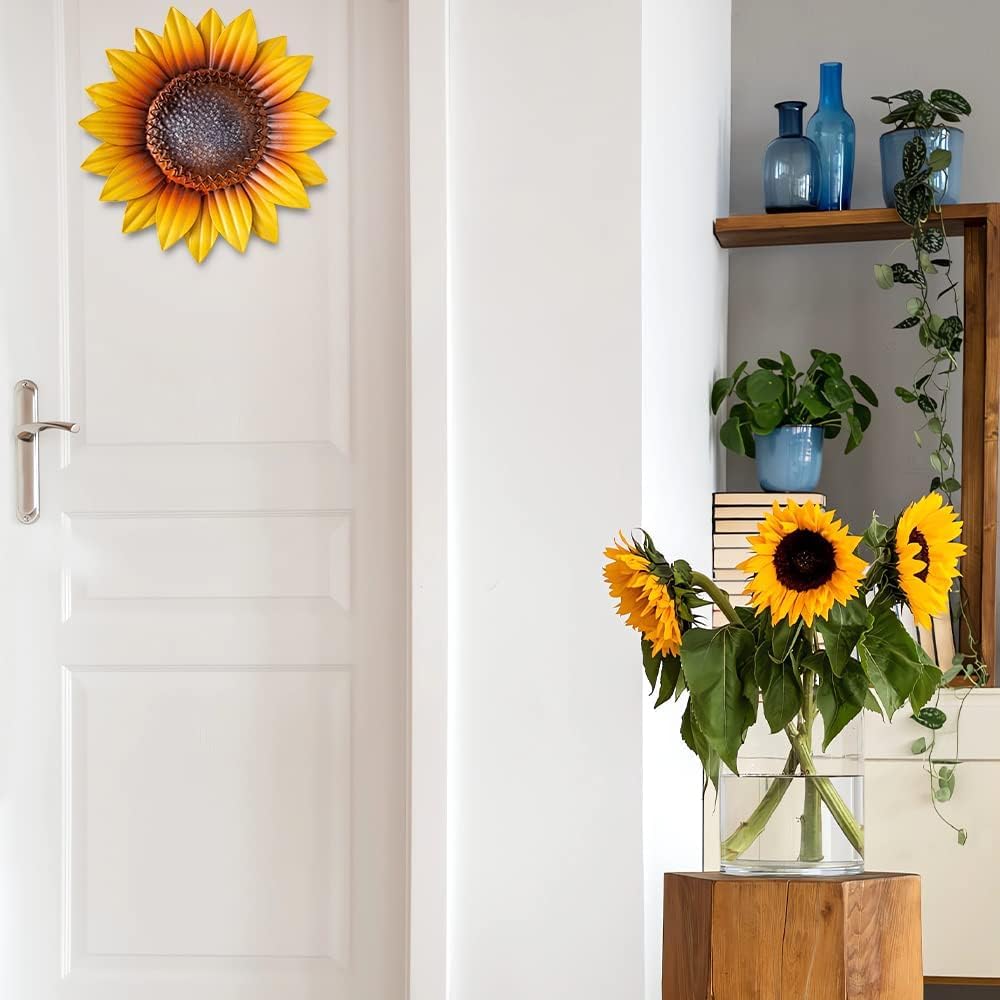 YEAHOME Sunflower Wall Decor - 9'' Metal Flower Wall Art Decorations 3 PACK Spring Yard Garden Sunflower Decor Hanging for Kitchen, Bathroom, Bedroom, Set of 3 Handmade Gift for Home, Indoor, Outdoor