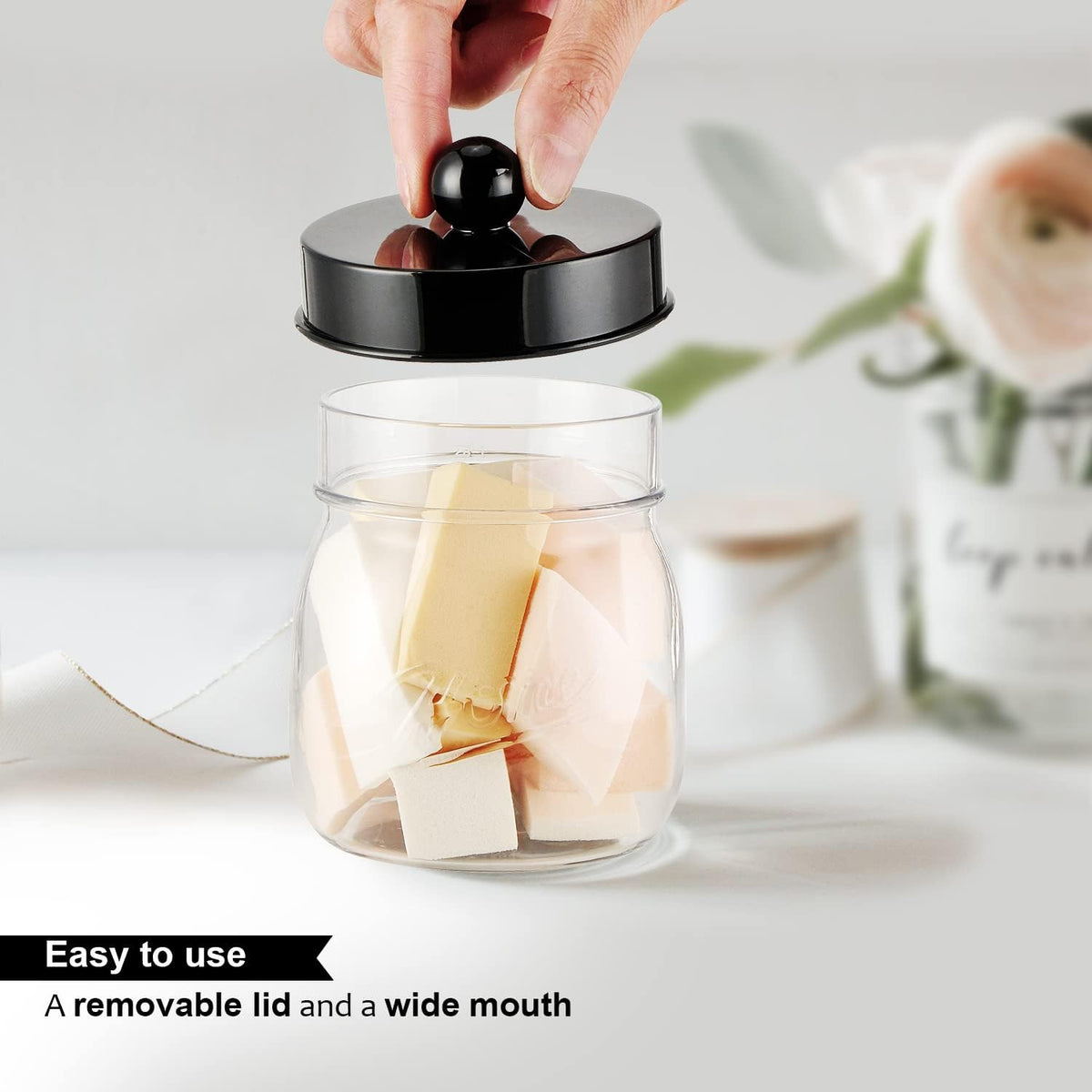 SheeChung 2 Pack Acrylic Mason Jar Qtip Holder Dispenser with Labels, Black