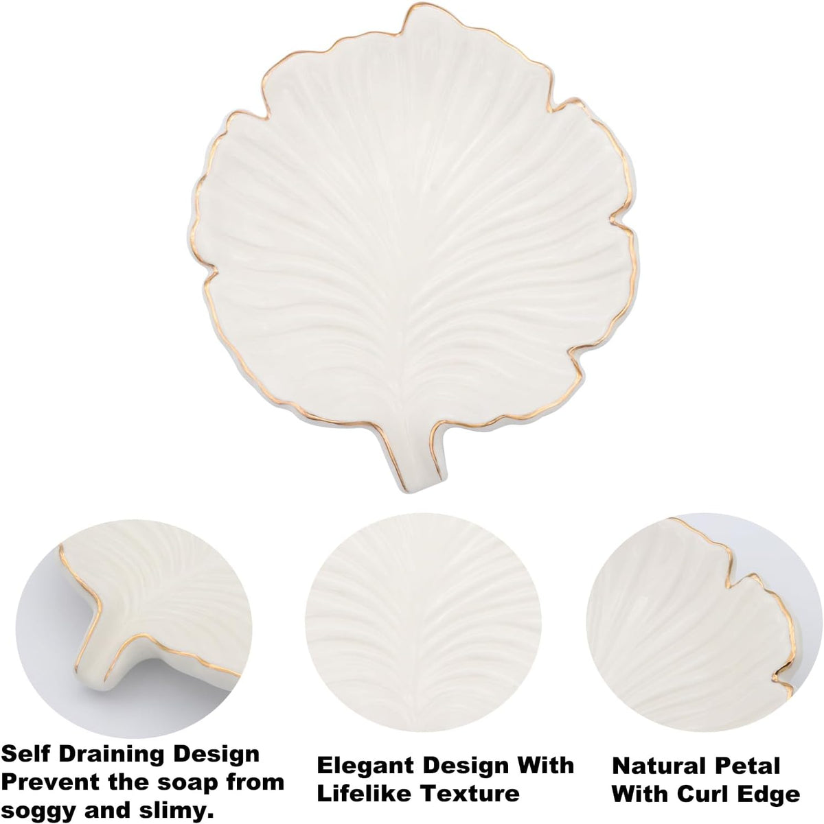 White Leaf Bathroom Soap Dish,Ceramic Soap Dish Holder in Palm Leaf Style,Self Draining Design and Used to Hold Various Small Bathroom and Kitchen Accessories