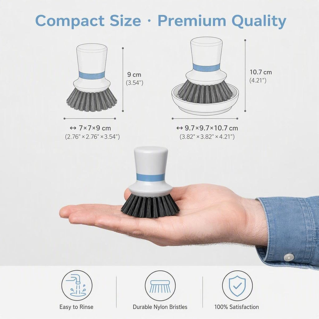 2-Pack Dish Scrub Brush with Holder Set, Non-Scratch Palm Scrub Brush for Kitchen, Nylon Bristle Pot Scrubber for Dishes, Pans & Sink with Ergonomic TPR Grip, Gray
