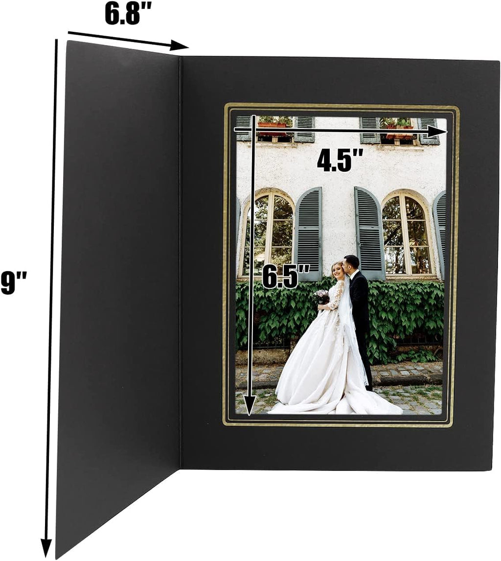 Golden State Art, Pack of 10, 5x7 Photo Folders, Cardboard Picture Frame, Paper Frame Cards, Greetings/Invitation Special Events: Graduation, Christmas (Black with Gold Lining)