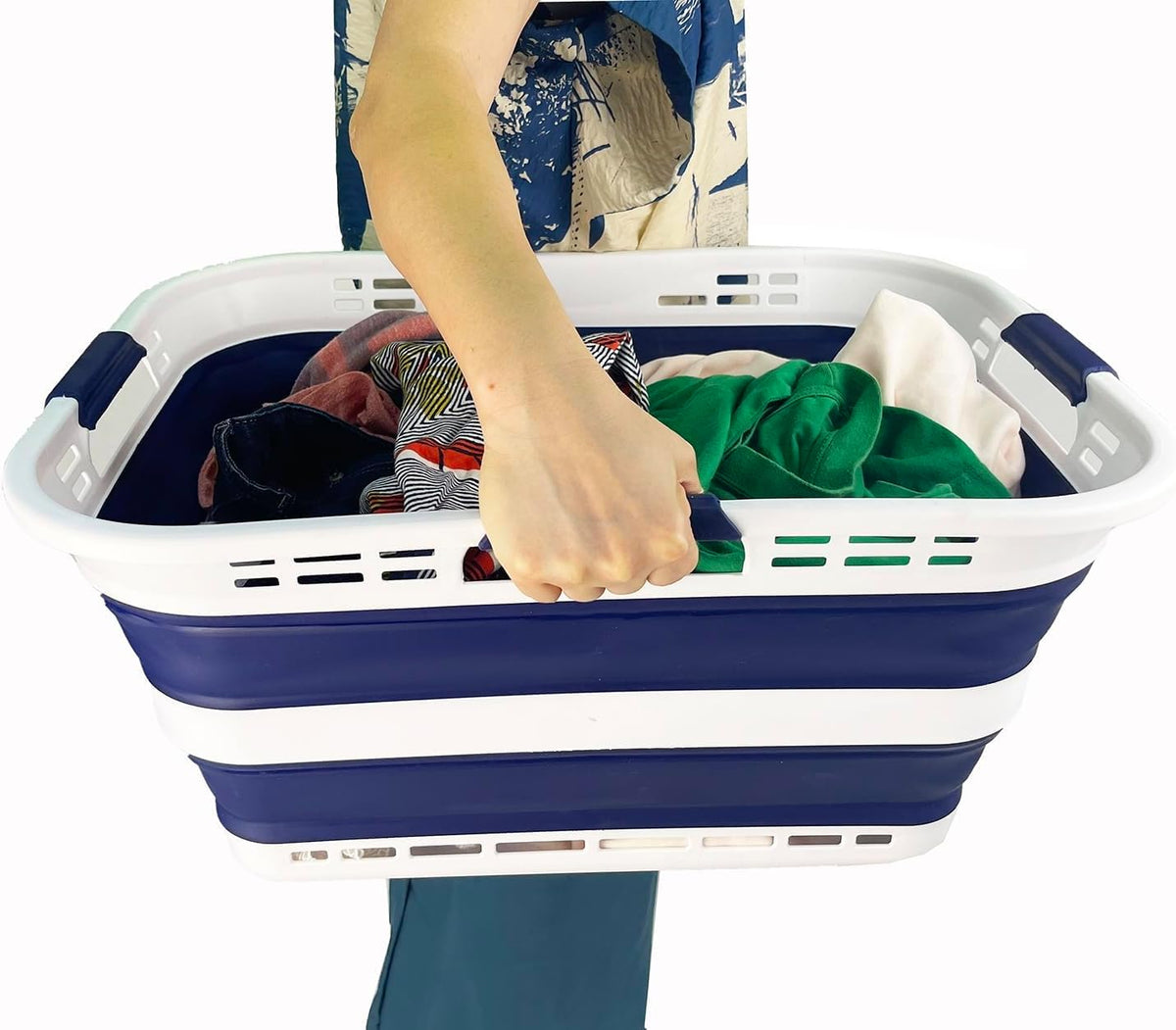 SAMMART 42L (11 Gallon) Collapsible Plastic Storage Basket - Foldable Pop Up Storage Container/Hamper - Portable Laundry Organizer - Space Saving (White/Starry Blue, 42L (Style A))
