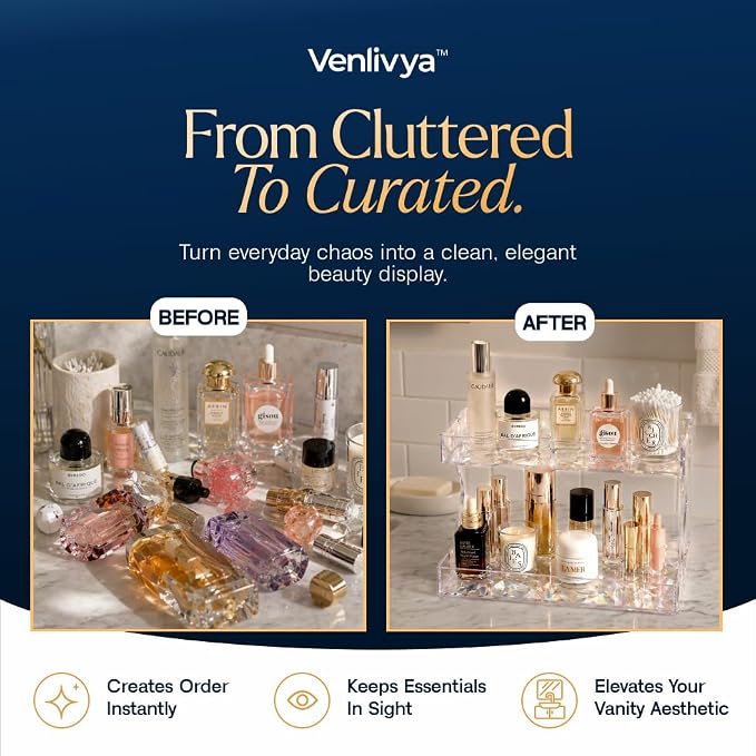 Perfume Organizer for Vanity, Premium Clear Acrylic Makeup Organizer Countertop with Non-Slip Trays, Easy 30-Second Assembly, organizador de maquillaje (Crystal Clear)
