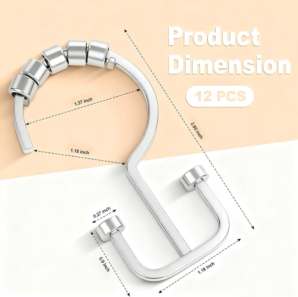 BBV Shower Curtain Hooks Rings, 12 Pcs Rust Resistant Metal Double Glide Shower Hooks for Bathroom Shower Rods Curtains (Chrome)