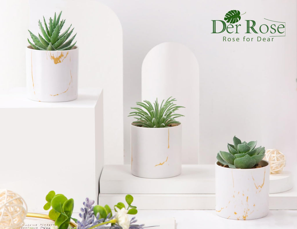 Der Rose 3 Pack Fake Succulent Plants in Gold Accent Pots for Desk Decor