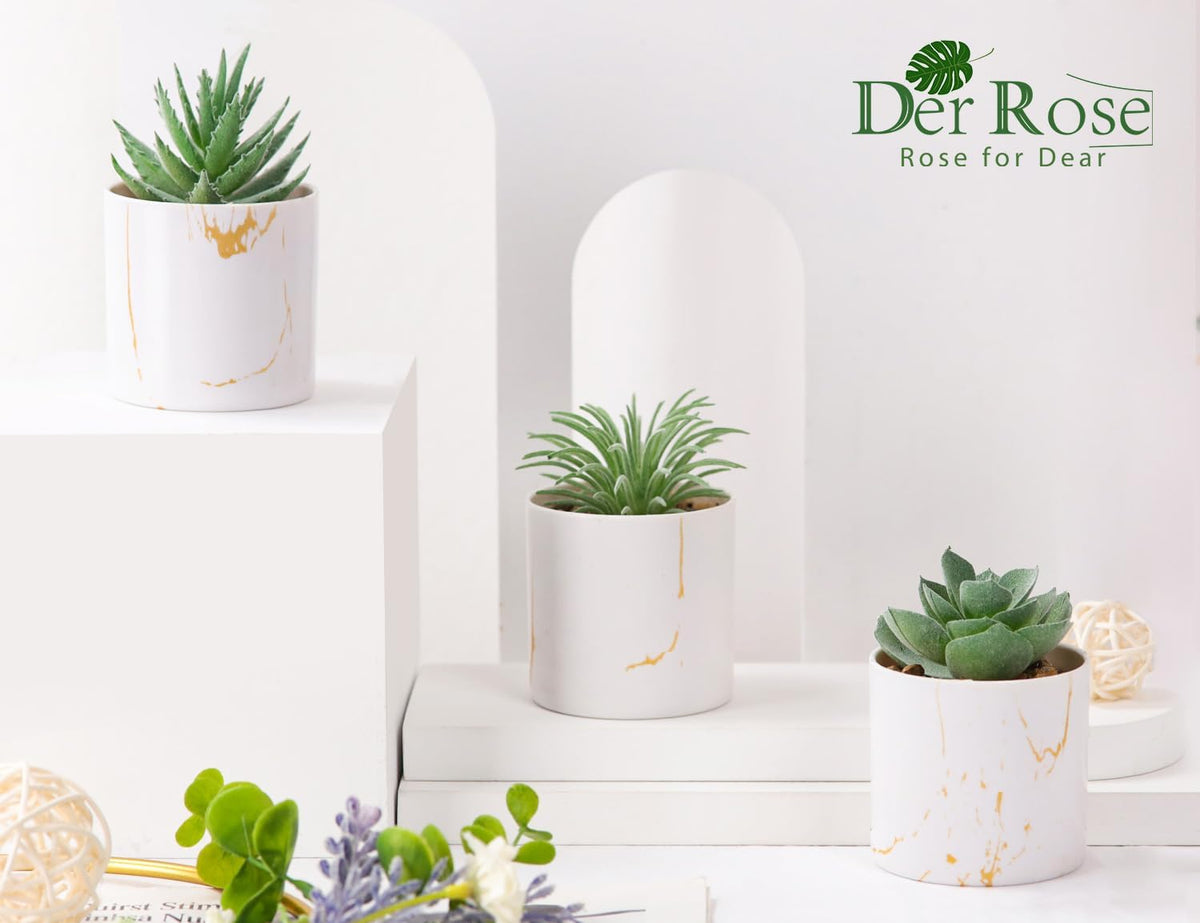 Der Rose 3 Pack Fake Succulent Plants in Gold Accent Pots for Desk Decor