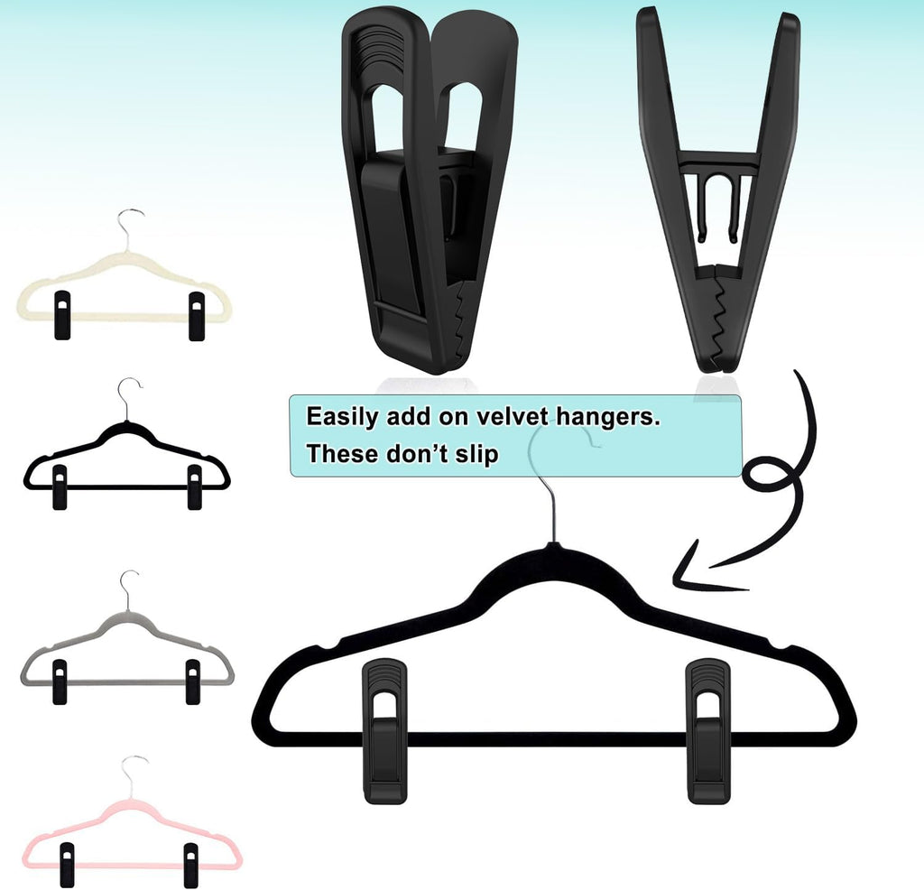 TOFIIGREM Hanger Clips Perfect for Velvet Hangers (Black, 80 PCS), Strong Plastic Clips Pant Skirt Hanger Clips for Black Flocking Felt Hangers