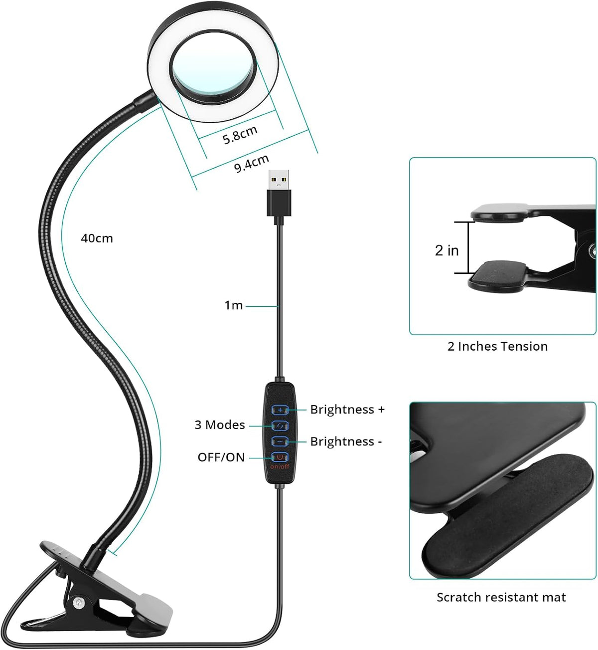 Woputne Desk Lamp 5X Magnifying Glass with Light Clamp Light for Reading