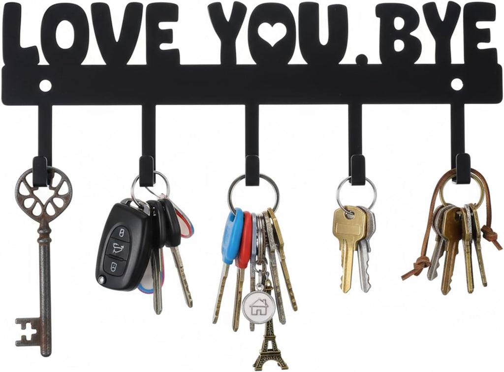 Key Holder Wall Mount, Large 'Love You.Bye' Entryway Organizer with 5 Hooks,Black Metal Key Hanger —No Drill Adhesive for Home Wall Decor