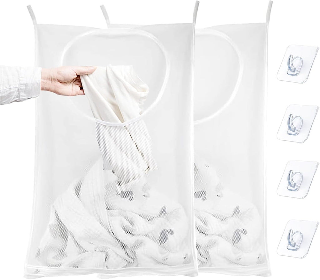 Hanging Laundry Hamper Bag, 2 Pack Over The Door Hanging Laundry Bag, 30 x 20 Inch Large Foldable Mesh Laundry Basket with 4 Adhesive Hooks for Dirty Clothes Organization and Storage