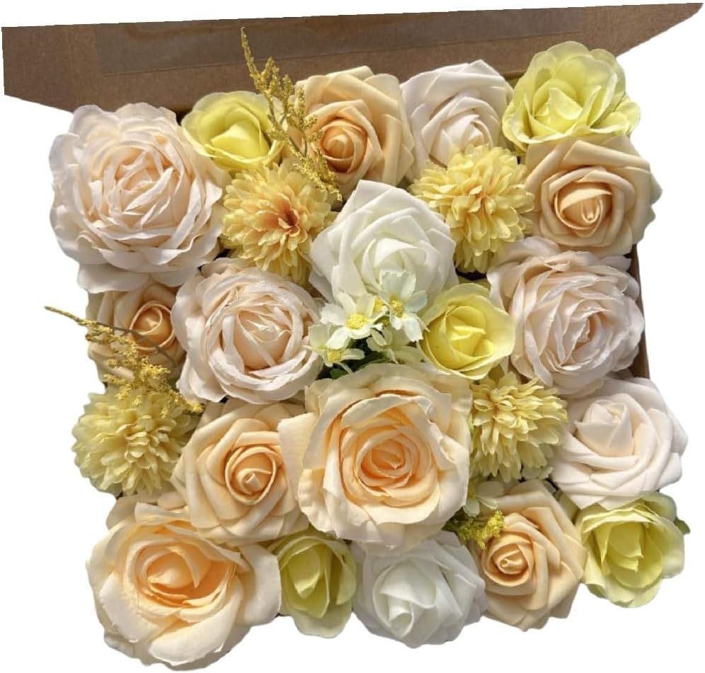 Artificial Flower Combo Pale Yellow,Light Peach & White Faux Flower Box for DIY Bouquets Centerpieces Floral Arrangements