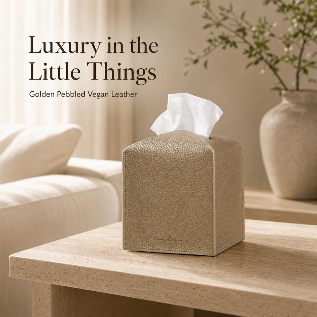 Premium PU Leather Tissue Box Holder - Elegant Hotel-Style Tissue Box Cover for Home, Office & Car Décor, Tissues Cube Organizer for a Natural & Classic Look (Gold 2 Pack)