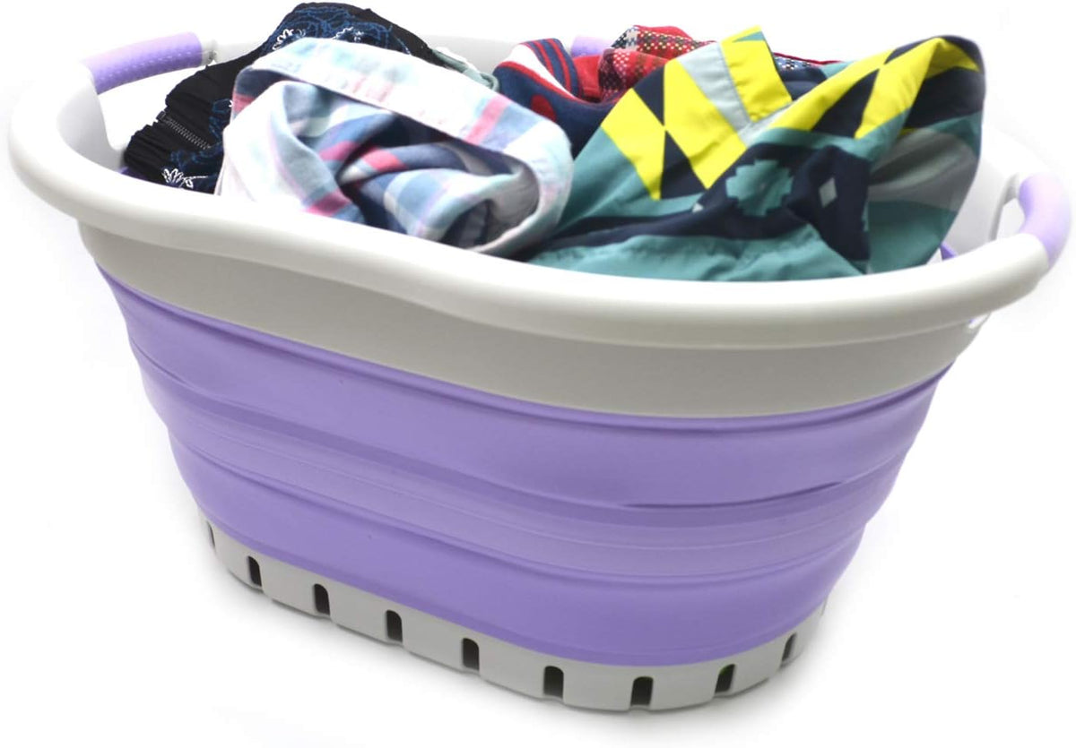 SAMMART 36L (9.5 gallon) Collapsible 3 Handled Plastic Laundry Basket-Foldable Pop Up Storage Container/Organizer-Space Saving Basket (3 handled Oval, Grey/Purple)