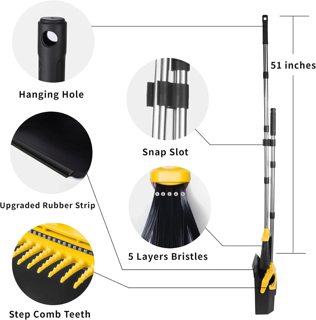 Broom and Dustpan Set for Home, 51" Long Handle Standing Pan Black Yellow
