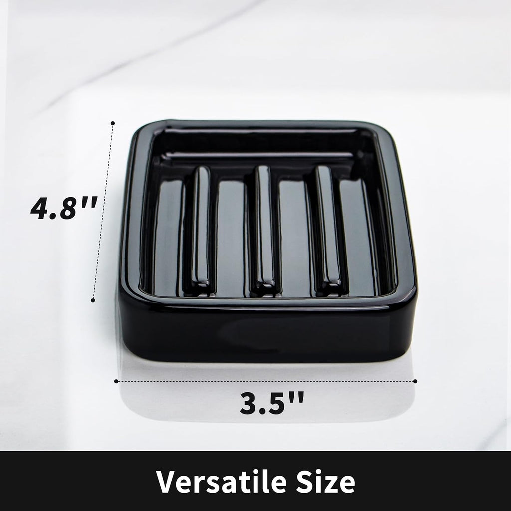 Shiny Ceramic Soap Dish with Raised Ridges, Rectangle Soap Tray, Decorative Soap Holder for Bathroom Counter, Shower and Kitchen Sink, Black