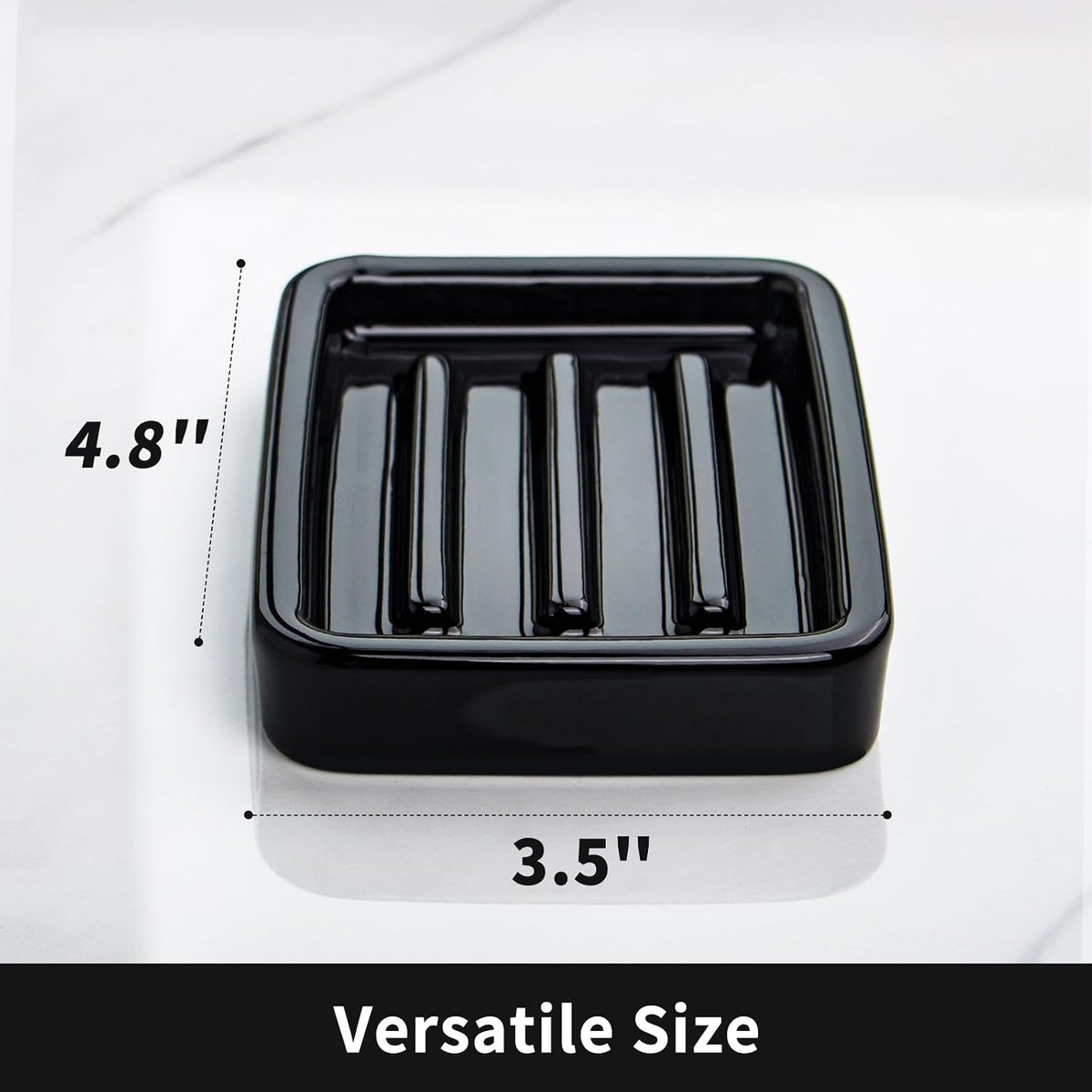 Shiny Ceramic Soap Dish with Raised Ridges, Rectangle Soap Tray, Decorative Soap Holder for Bathroom Counter, Shower and Kitchen Sink, Black