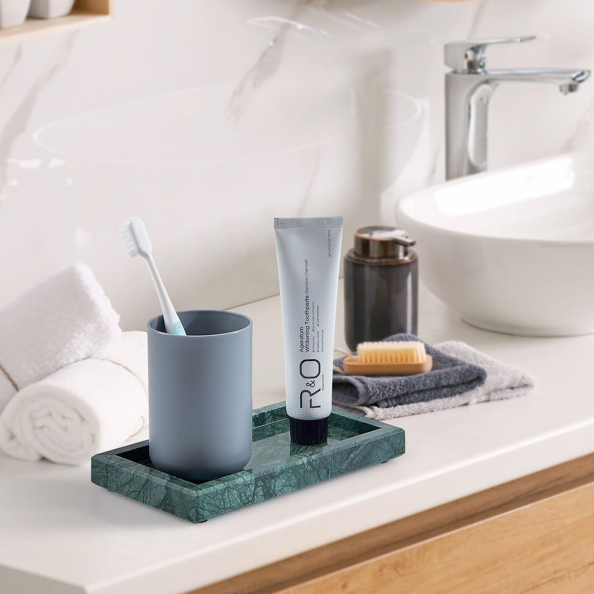 Natural Small Marble Vanity Tray, Luxury Stone Organizer for Bathroom & Kitchen | Holds Soap Dispenser, Jewelry, Perfume | Non-Resin, Non-Ceramic Décor